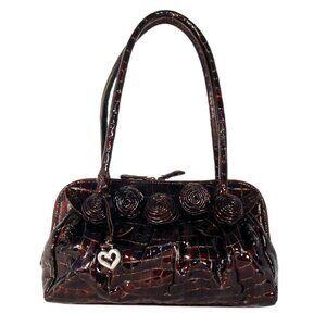 BRIGHTON Cher Croc Patent Leather Roses Rosebud Satchel Shoulder Bag - RARE